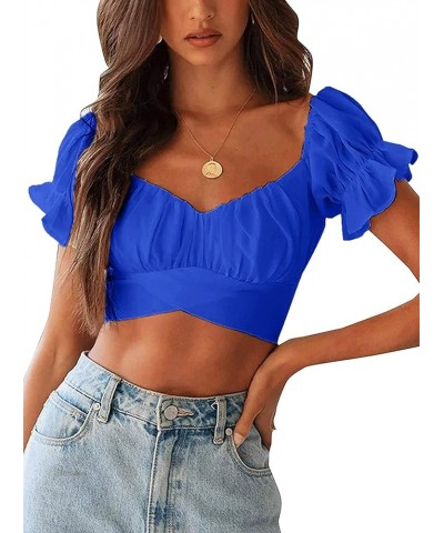 Womens Tie Up Back Crop Ruffle Blouse Short Sleeve Off Shoulder Blouse Tops Royal Blue $6.75 Blouses