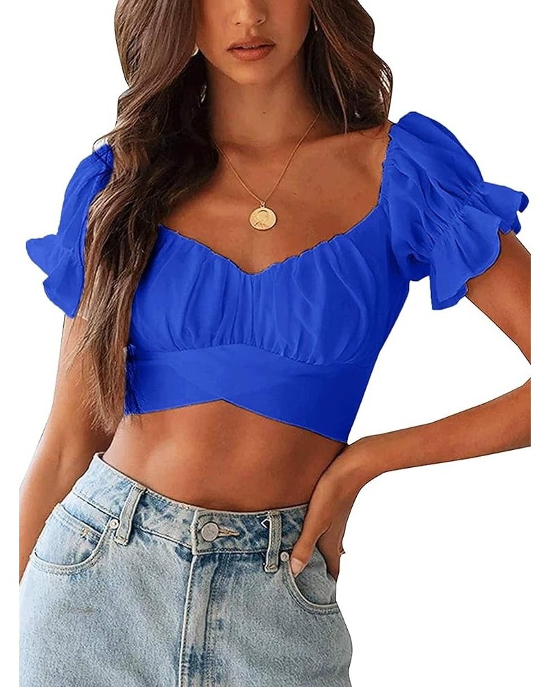 Womens Tie Up Back Crop Ruffle Blouse Short Sleeve Off Shoulder Blouse Tops Royal Blue $6.75 Blouses