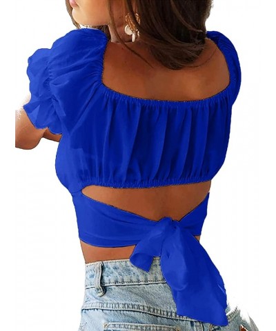 Womens Tie Up Back Crop Ruffle Blouse Short Sleeve Off Shoulder Blouse Tops Royal Blue $6.75 Blouses