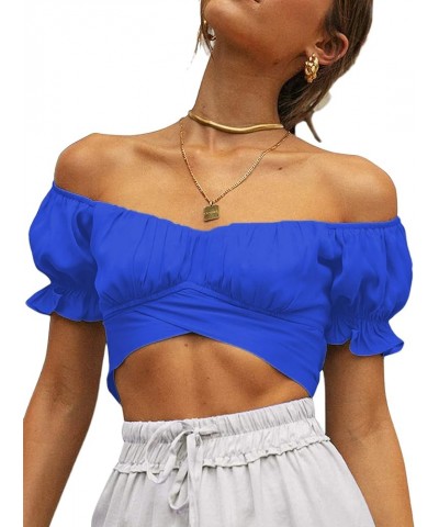 Womens Tie Up Back Crop Ruffle Blouse Short Sleeve Off Shoulder Blouse Tops Royal Blue $6.75 Blouses