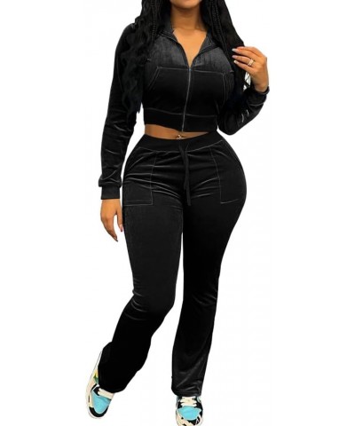 2 Piece Outfits Velour Tracksuit For Women Zip Up Hoodie Velvet Jogging Sweatsuit Workout Sets B Black $21.72 Activewear