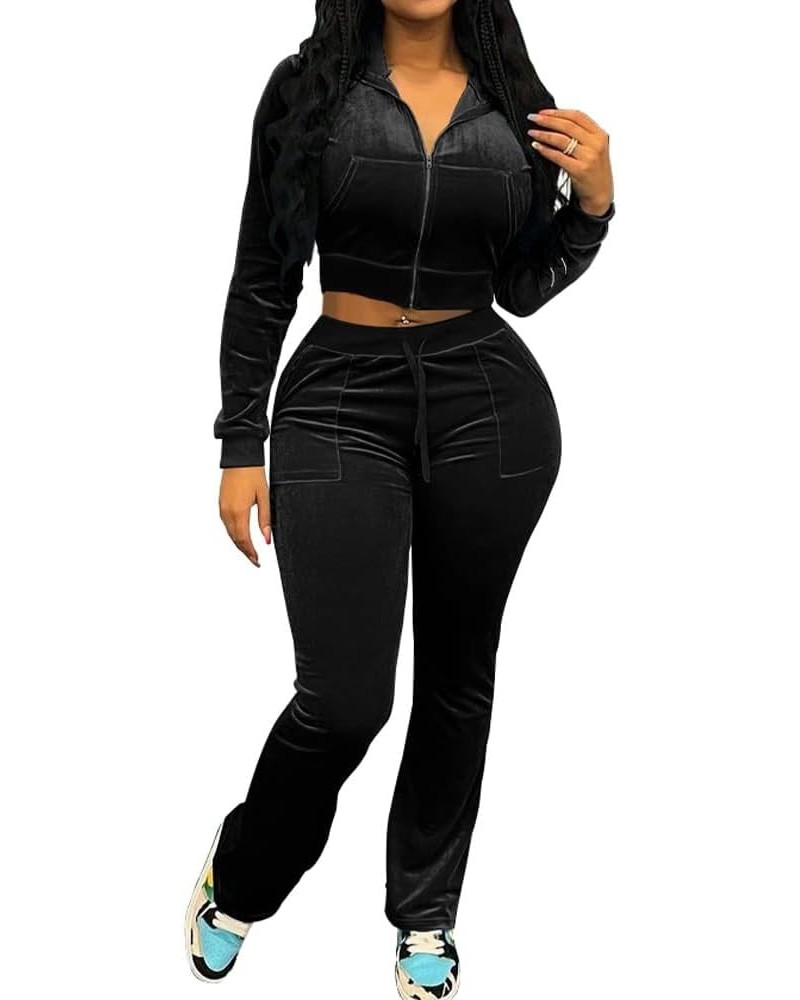 2 Piece Outfits Velour Tracksuit For Women Zip Up Hoodie Velvet Jogging Sweatsuit Workout Sets B Black $21.72 Activewear