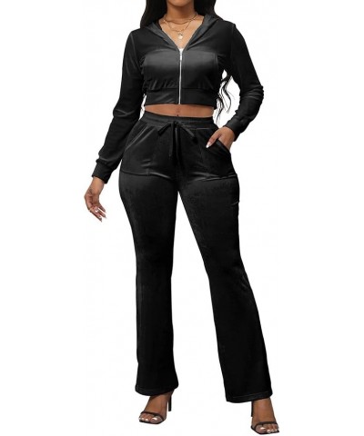 2 Piece Outfits Velour Tracksuit For Women Zip Up Hoodie Velvet Jogging Sweatsuit Workout Sets B Black $21.72 Activewear