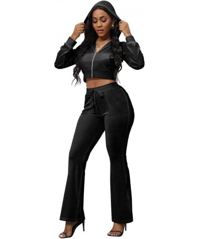 2 Piece Outfits Velour Tracksuit For Women Zip Up Hoodie Velvet Jogging Sweatsuit Workout Sets B Black $21.72 Activewear