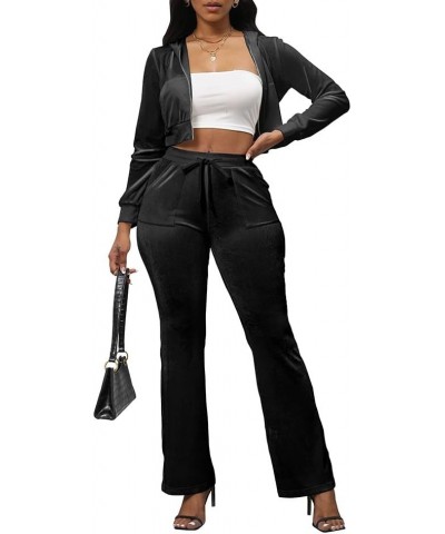 2 Piece Outfits Velour Tracksuit For Women Zip Up Hoodie Velvet Jogging Sweatsuit Workout Sets B Black $21.72 Activewear