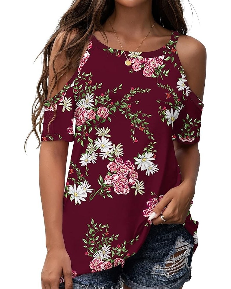 2024 Womens Summer T Shirts Short Sleeve Tunic Strappy Cold Shoulder Tops 01 Short sleeve A24-fp Lagerstroemia Wine Red $9.87...