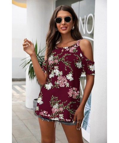 2024 Womens Summer T Shirts Short Sleeve Tunic Strappy Cold Shoulder Tops 01 Short sleeve A24-fp Lagerstroemia Wine Red $9.87...