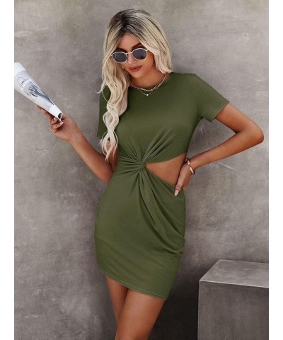 Women's Twist Front Cut Out Short Sleeve Round Neck Mini Tee Dress Army Green $13.64 Dresses