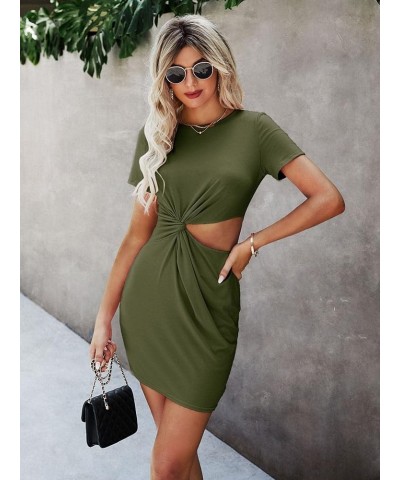 Women's Twist Front Cut Out Short Sleeve Round Neck Mini Tee Dress Army Green $13.64 Dresses