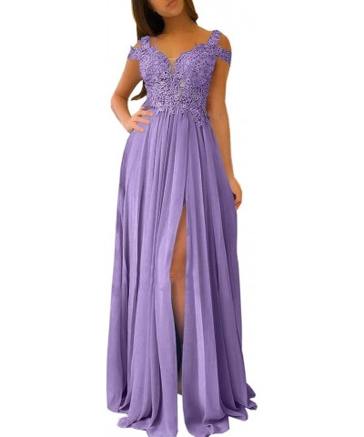 Women's Lace Appliqued Evening Gowns Side Split A-line Prom Dresses Long Tahiti $49.35 Dresses