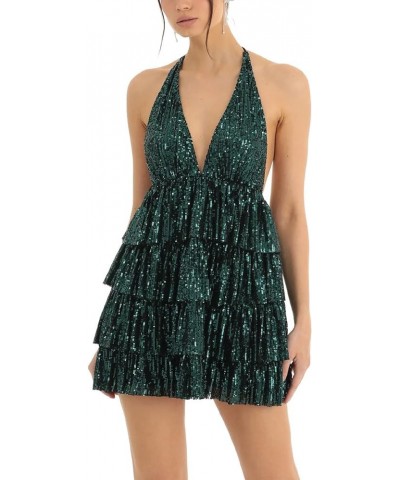 Women Sequin Short A Line Dress Spaghetti Strap Backless Bandage Mini Dress Halter V Neck Sparkly Party Dress Be Green Aline ...