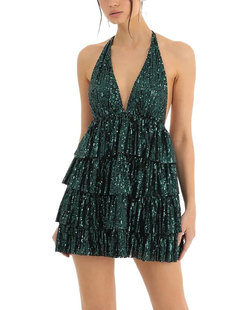 Women Sequin Short A Line Dress Spaghetti Strap Backless Bandage Mini Dress Halter V Neck Sparkly Party Dress Be Green Aline ...