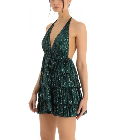 Women Sequin Short A Line Dress Spaghetti Strap Backless Bandage Mini Dress Halter V Neck Sparkly Party Dress Be Green Aline ...