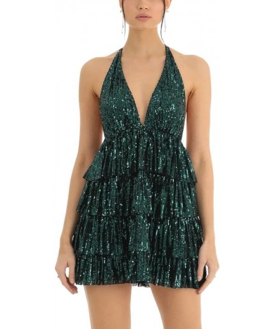 Women Sequin Short A Line Dress Spaghetti Strap Backless Bandage Mini Dress Halter V Neck Sparkly Party Dress Be Green Aline ...