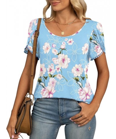 Women's Summer Casual Tunic Tops Petal Short Sleeve Loose Blouse T-Shirts Flower Light Blue $8.24 T-Shirts