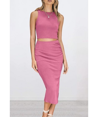 Women's 2 Piece Summer Outfits Crewneck Tank Tops Split Bodycon Midi Skirt Set Pink $22.05 Suits