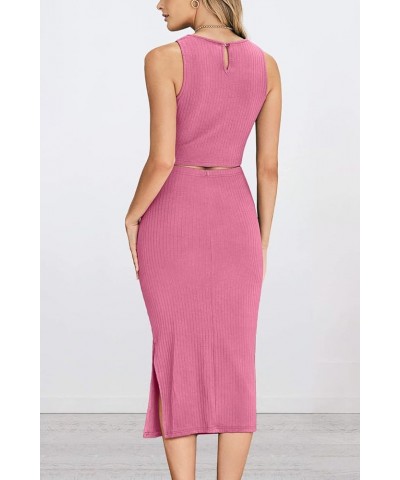 Women's 2 Piece Summer Outfits Crewneck Tank Tops Split Bodycon Midi Skirt Set Pink $22.05 Suits