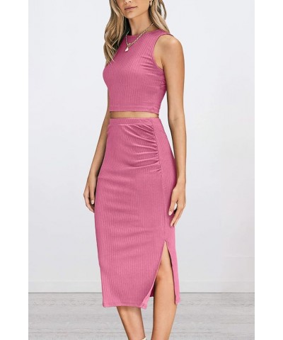 Women's 2 Piece Summer Outfits Crewneck Tank Tops Split Bodycon Midi Skirt Set Pink $22.05 Suits