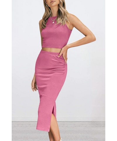 Women's 2 Piece Summer Outfits Crewneck Tank Tops Split Bodycon Midi Skirt Set Pink $22.05 Suits