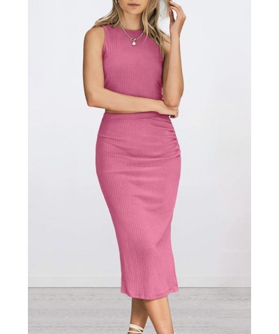 Women's 2 Piece Summer Outfits Crewneck Tank Tops Split Bodycon Midi Skirt Set Pink $22.05 Suits