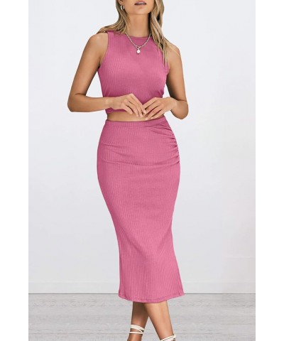 Women's 2 Piece Summer Outfits Crewneck Tank Tops Split Bodycon Midi Skirt Set Pink $22.05 Suits