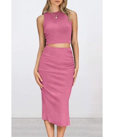 Women's 2 Piece Summer Outfits Crewneck Tank Tops Split Bodycon Midi Skirt Set Pink $22.05 Suits