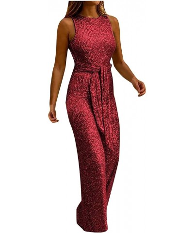 Womens Sequin Wide Leg Jumpsuits Sexy Sleeveless Backless Belted Rompers One Piece Formal Evening Party Jumpsuit Wine $7.27 J...