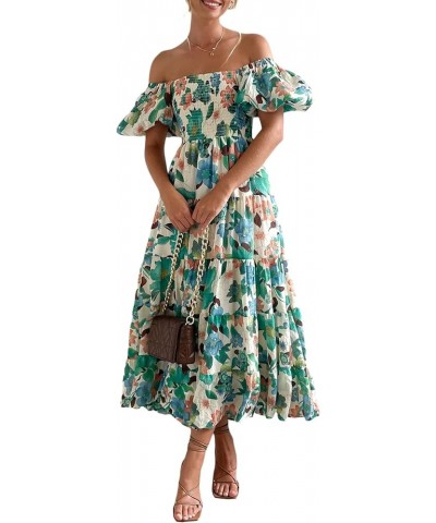 Women Summer Floral Print V-Neck Dress Short Sleeve High Waist Midi Slim-Fit A-Line Dresses Beach Streetwear E Green $9.71 Dr...