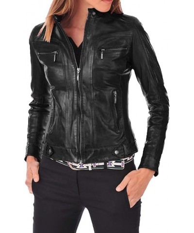 Women's Leather Jacket Motorcycle Bomber Biker Genuine Lambskin Leather Jacket for Women 02 Black $53.65 Coats