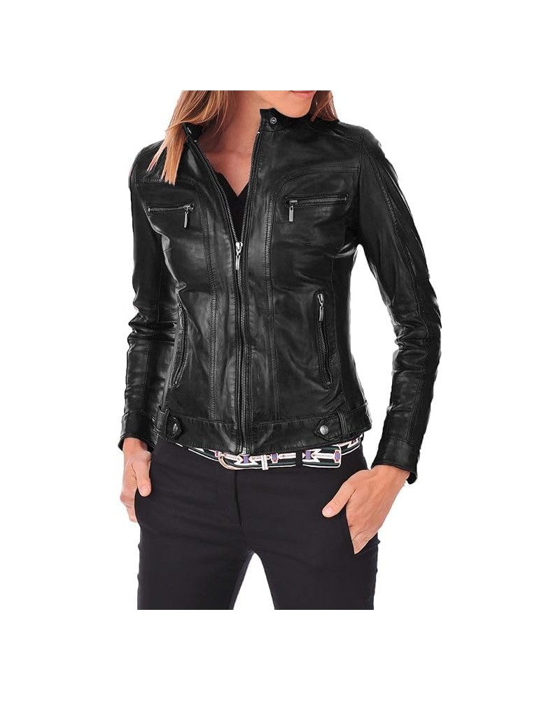 Women's Leather Jacket Motorcycle Bomber Biker Genuine Lambskin Leather Jacket for Women 02 Black $53.65 Coats