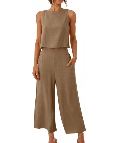 2 Piece Outfits for Women Summer Linen Tank Crop Tops Wide Leg Pants Sets Dressy Vacation Outfits with Pockets C-brown $7.79 ...