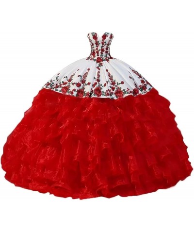 Vintage Flowers Embroidery Quinceanera Dresses Ruffles Prom Ball Gown Sweet 15 16 Dress Style4-red $78.90 Dresses