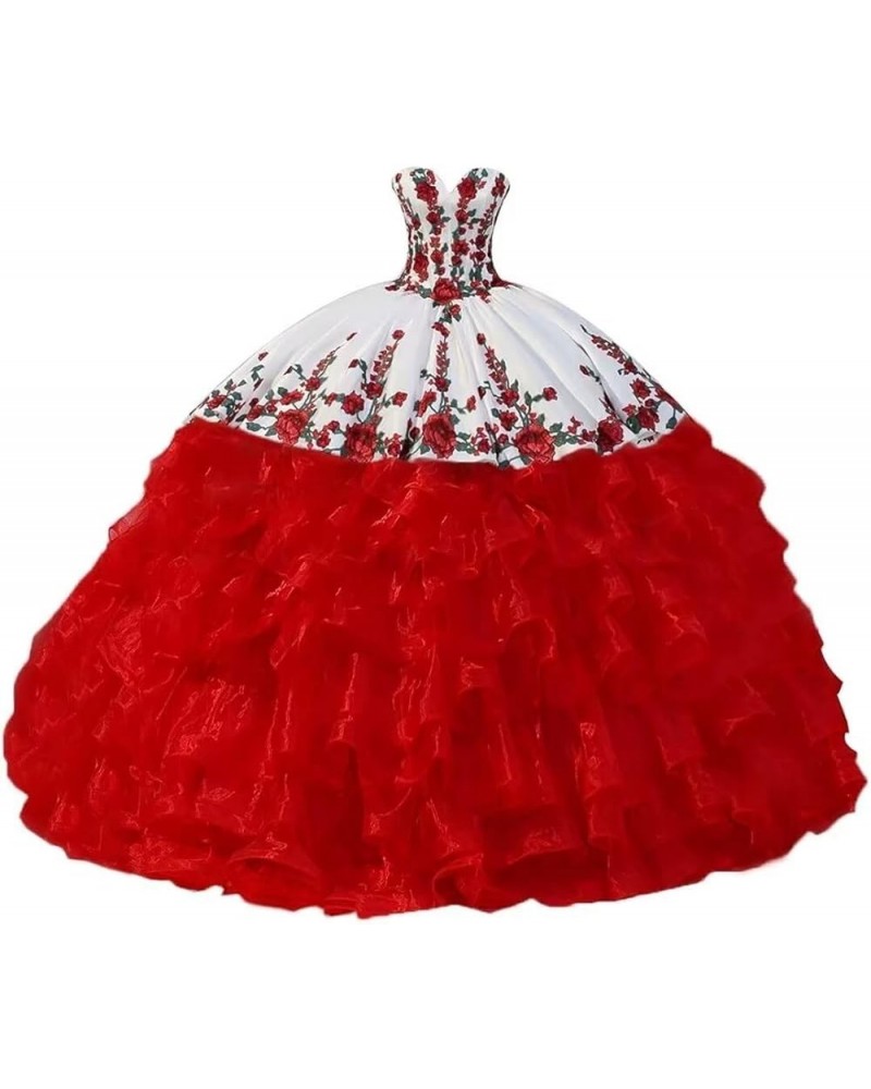 Vintage Flowers Embroidery Quinceanera Dresses Ruffles Prom Ball Gown Sweet 15 16 Dress Style4-red $78.90 Dresses