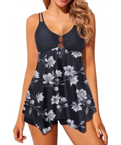 Womens Tankini Bathing Suit with Shorts Two Piece Tummy Control Swimsuit Flowy Swimwear Top White Floral $20.39 Swimsuits