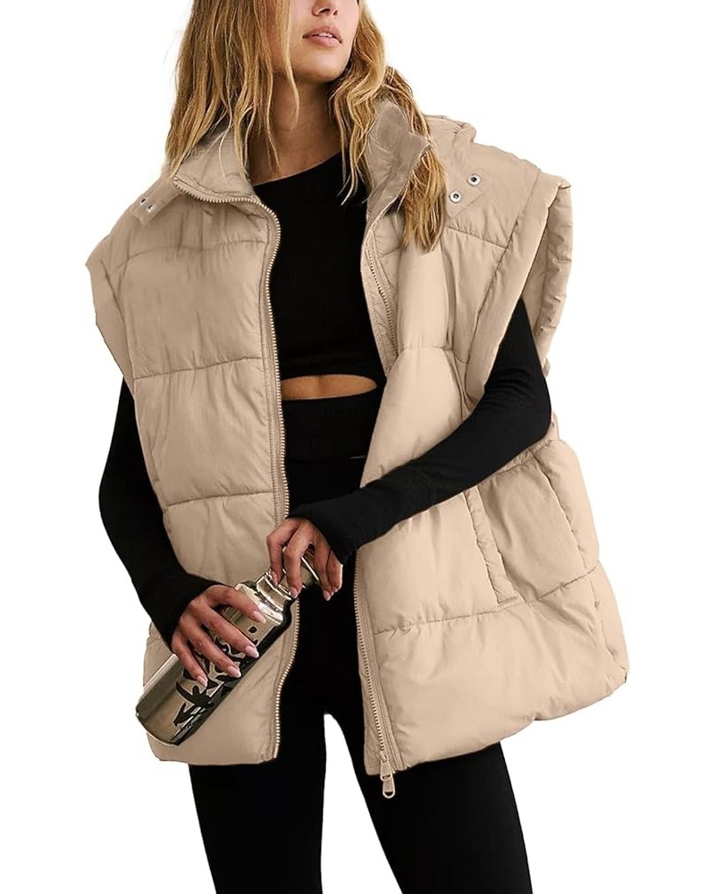 Women's Puffer Vest Stand Collar Sleeveless Zip Up Padded Gilet with Pockets Khaki $8.99 Vests