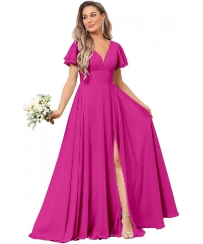 V Neck Flutter Sleeve Bridesmaid Dresses for Wedding Slit Chiffon Pleated Formal Dress with Pockets Fuchsia $24.20 Dresses