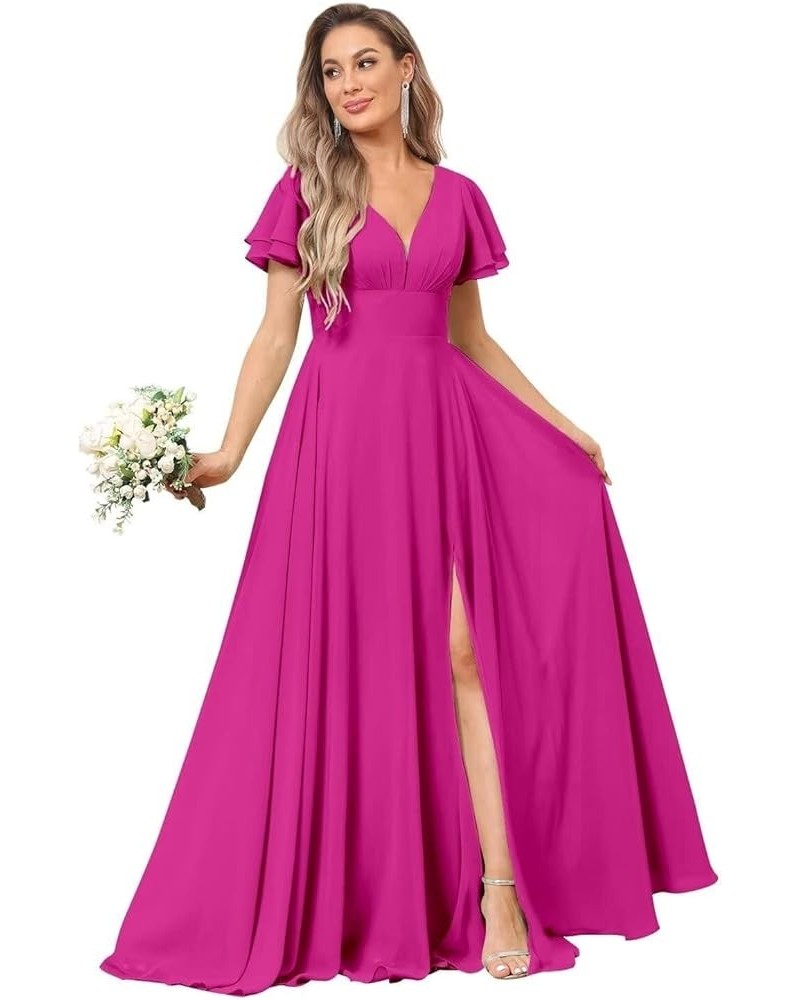 V Neck Flutter Sleeve Bridesmaid Dresses for Wedding Slit Chiffon Pleated Formal Dress with Pockets Fuchsia $24.20 Dresses