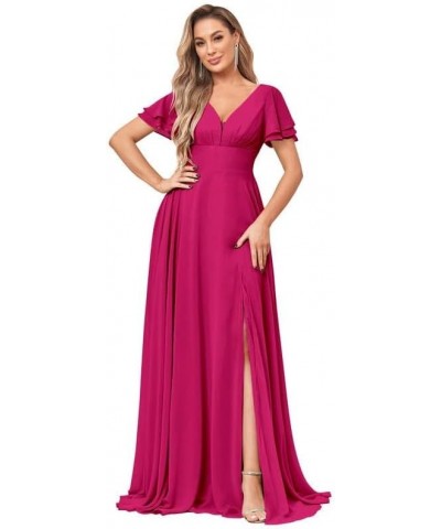 V Neck Flutter Sleeve Bridesmaid Dresses for Wedding Slit Chiffon Pleated Formal Dress with Pockets Fuchsia $24.20 Dresses