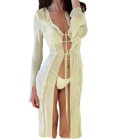 Women Y2k See Through Sheer Mesh Maxi Dress Ruffle Tie-Up Summer High Slit Bikini Cover Up Dress Beach Long Dress T Yellow $1...