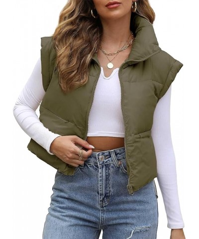 Women's Cropped Puffer Vest Winter Stand Collar Sleeveless Lightweight Warm Puffer Zip Up Gilet Padded Jacket Army Green $17....