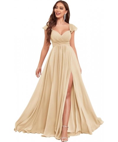 Ruffle Chiffon Bridesmaid Dresses with Slit Pleated Prom Dress with Pockets Evening Formal Gown Champagne $20.25 Dresses