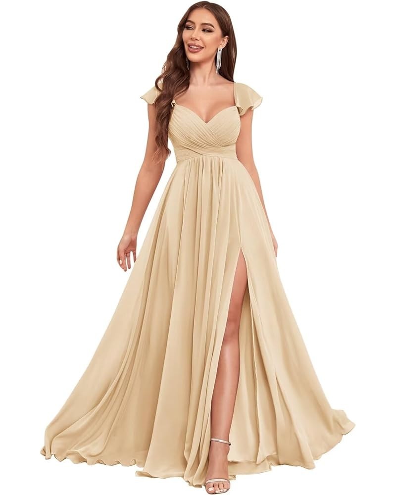 Ruffle Chiffon Bridesmaid Dresses with Slit Pleated Prom Dress with Pockets Evening Formal Gown Champagne $20.25 Dresses