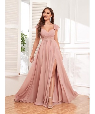 Ruffle Chiffon Bridesmaid Dresses with Slit Pleated Prom Dress with Pockets Evening Formal Gown Champagne $20.25 Dresses