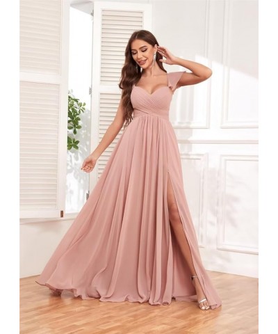 Ruffle Chiffon Bridesmaid Dresses with Slit Pleated Prom Dress with Pockets Evening Formal Gown Champagne $20.25 Dresses