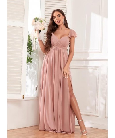 Ruffle Chiffon Bridesmaid Dresses with Slit Pleated Prom Dress with Pockets Evening Formal Gown Champagne $20.25 Dresses