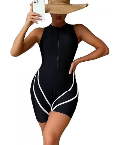 Women's Contrast Binding Zip Front One Piece Swimsuit Shorts Bathing Suit Black a $22.25 Swimsuits