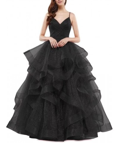 Women's Glitter Tulle Prom Dresses V Neck Spaghetti Straps Bridesmaid Dress Long Tiered Formal Evening Ball Gowns Black $41.8...