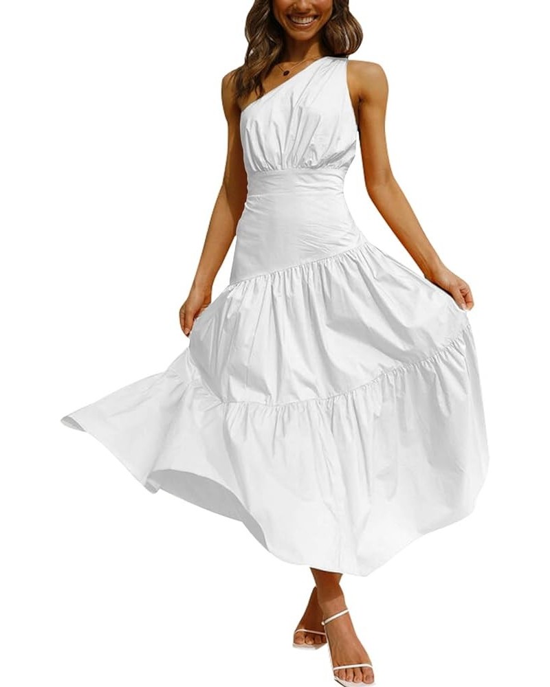 Women's Casual One Shoulder Layered Ruched Sleeveless Swing Flowy Maxi Dress Pure White $19.13 Dresses