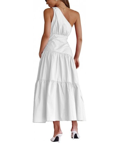 Women's Casual One Shoulder Layered Ruched Sleeveless Swing Flowy Maxi Dress Pure White $19.13 Dresses