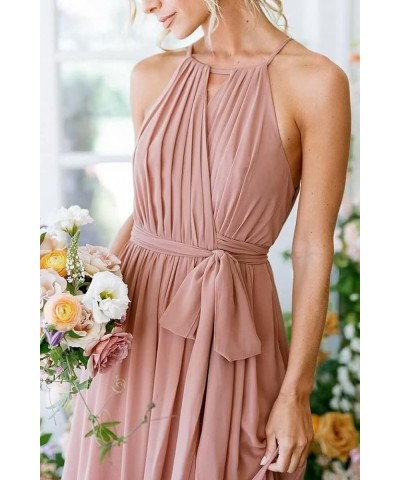 Halter Bridesmaid Dresses for Wedding Pleated Chiffon Long Formal Dresses with Slit Mint $21.00 Dresses